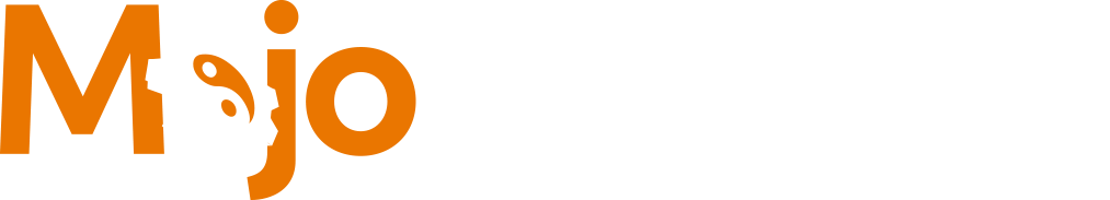 Mojo Servers Logo - Orange and white sans-serif type with cog and yin yang symbol as letter o in Mojo